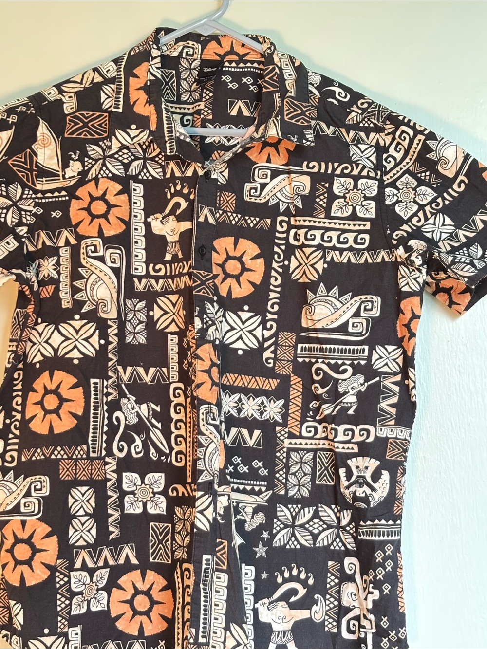 Disney MOANA Black Short-Sleeve Button-Up with Orange & White Tribal Print